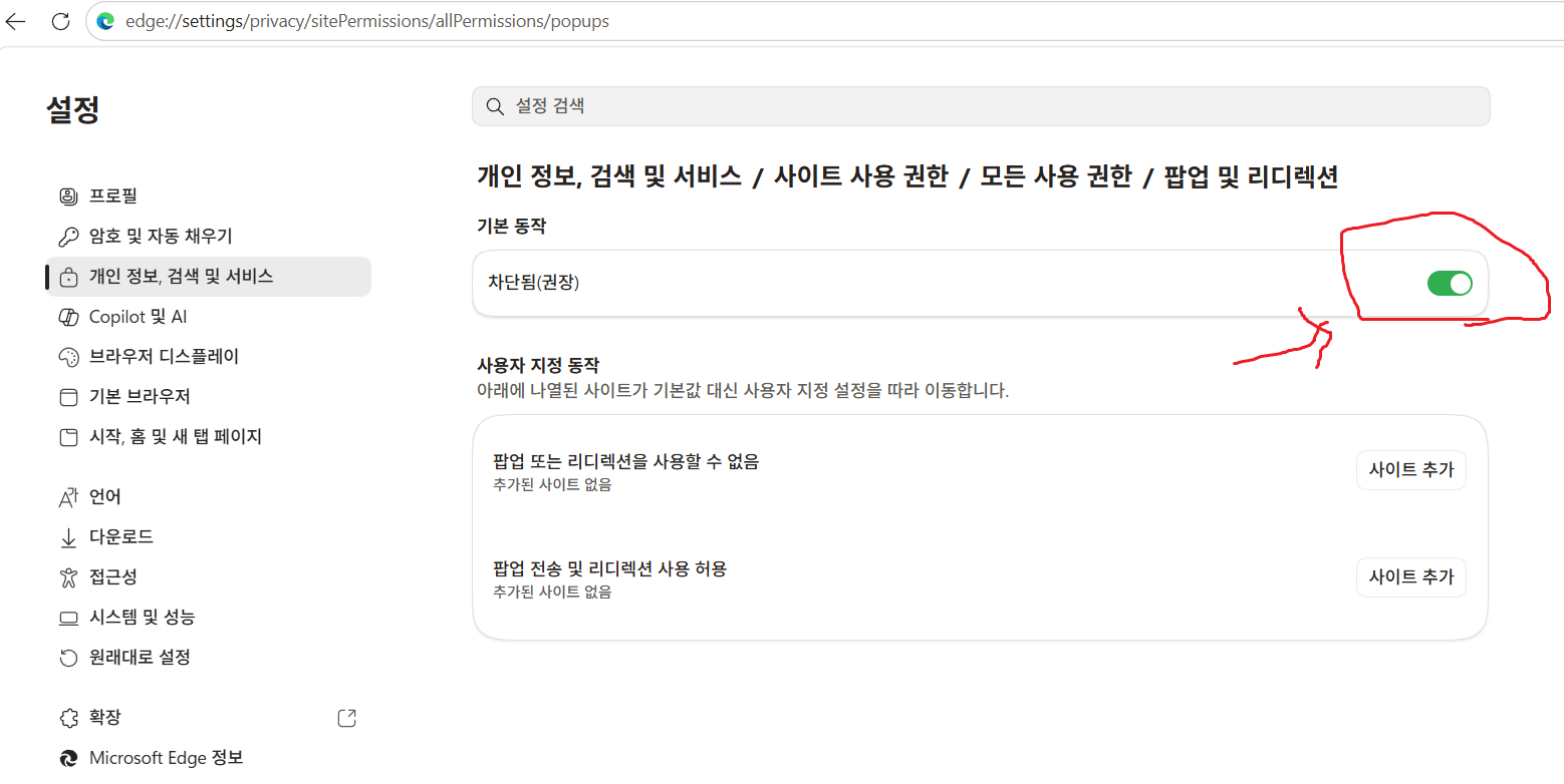 팝업차단 해제(프로그램마다 다르며 파업차단 메뉴에서 수정)